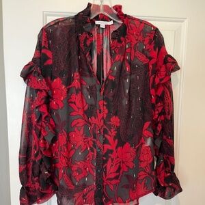 Chico’s Red & Black Sheer Chiffon Ruffled Long Sleeve Blouse Sz 1- 8US Career